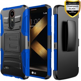 LG K30 Case, LG K10 2018 Case, Dual Layers [Combo Holster] Case And Built-In Kickstand Bundled with [Tempered Glass Screen Protector] Hybrid Shockproof And Circlemalls Stylus Pen (Blue)